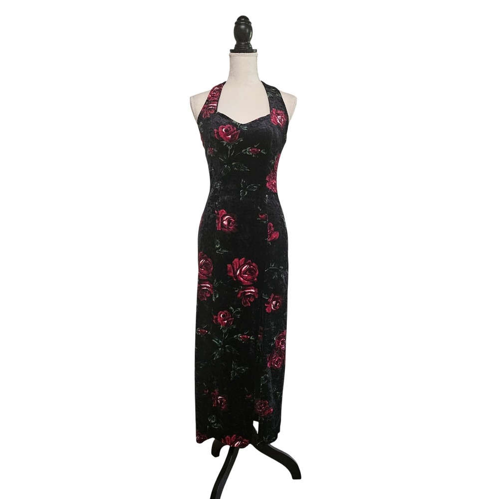 Vintage 90s Frederick's Of Hollywood Velvet Halter High Slit Maxi Dress Size M